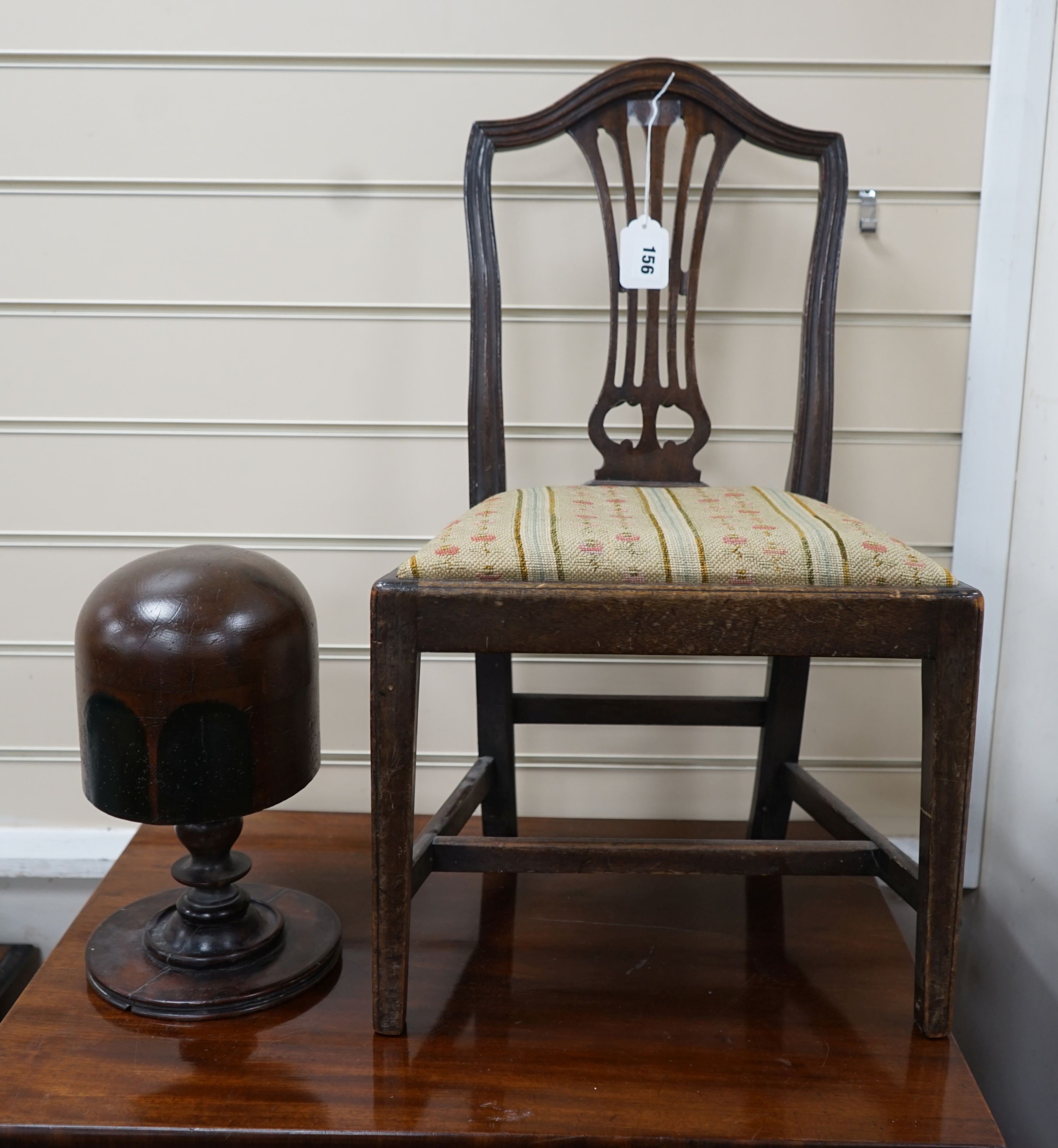 A George III Hepplewhite period mahogany child's chair, height 65cm together with a Victorian hat block